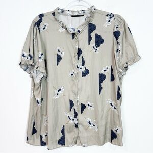 T TAHARI AIRFLOW RUFFLE NECK BLOUSE TAUPE BLACK BIRD PRINT SILKY WOMENS XL NWT